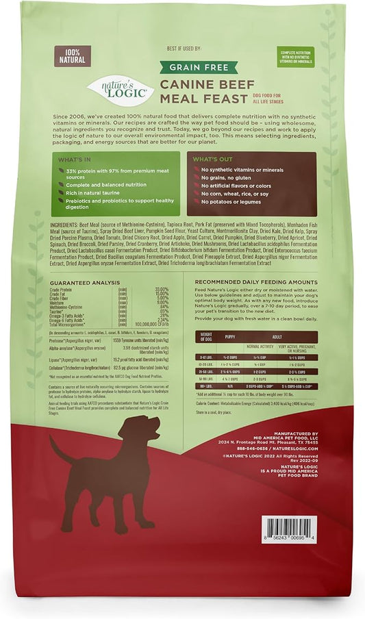 Nature's Logic Grain-Free Dry Dog Food - All-Natural, High Protein, No Synthetic Vitamins/Minerals - Gluten Free - Supports Healthy Digestion - All Breeds & Ages - Beef Meal Feast, 25lbs