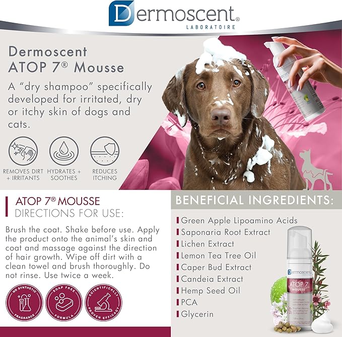 Dermoscent ATOP 7 Mousse - Waterless Dog Shampoo for Dogs & Cats - Cleansing Soothing Dry Shampoo for Itchy Skin Relief & Allergy-Prone Skin - 150 ml