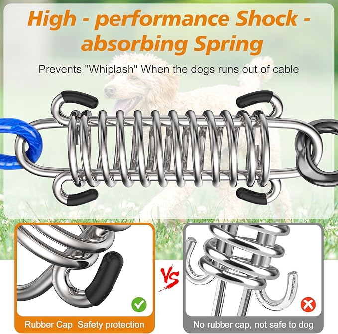 Tresbro 100FT Dog Tie Out Cable with Spring, Shock Absorbing Tether Chains for Outside Aavilable in 10/15/20/25/30/40/50/70/100/120 FT, Heavy Duty Leads for Yard for Medium & Large Dogs Up to 500 LBS