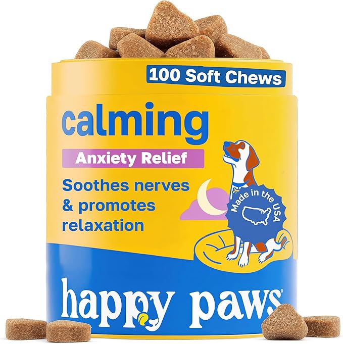 Happy Paws Calming Chews for Dogs, Relaxation & Anxiety Support for All Breeds & Ages, Dog Sleep Aid with L Theanine & Chamomile, Vegan Peanut Butter Flavor, Organic, Non GMO, (100 Chews)