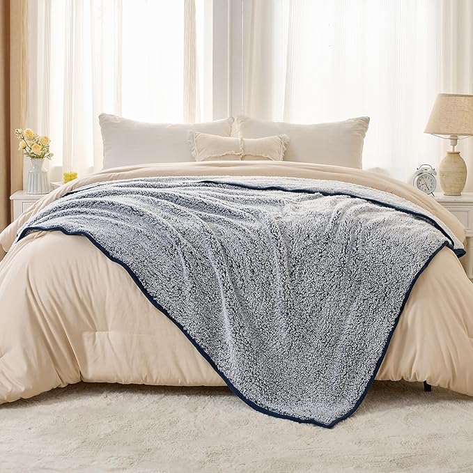 EMME Soft Sherpa Fleece Blanket Queen Size Reversible Plush Fluffy Large Blanket Warm Decorative Boho Cover for Sofa, Couch, Bedroom,Travel(Plush Navy,90"x90")