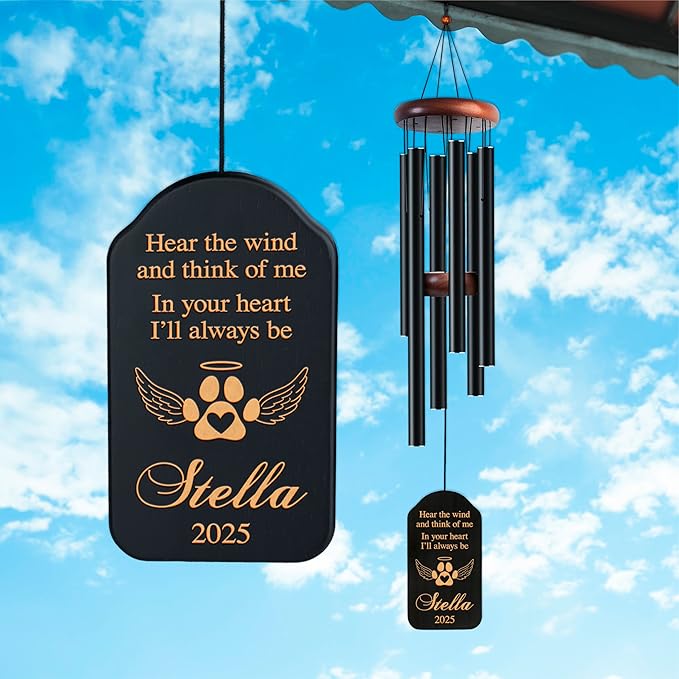 Personalized Dog Memorial Gifts for Loss of Dog Wind Chime w/Name & Date, Hear The Wind and Think of Me - Sympathy Gifts - 37" Custom Engraved Pet Memorial Wind Chime Gift - Black Color, D4