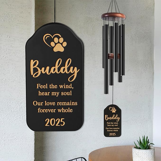 Personalized Dog Memorial Gifts for Loss of Dog Wind Chime w/Name & Date, Feel The Wind, Hear My Soul - Sympathy Gifts - 37" Custom Engraved Pet Memorial Wind Chime Gift - Black Color, D3