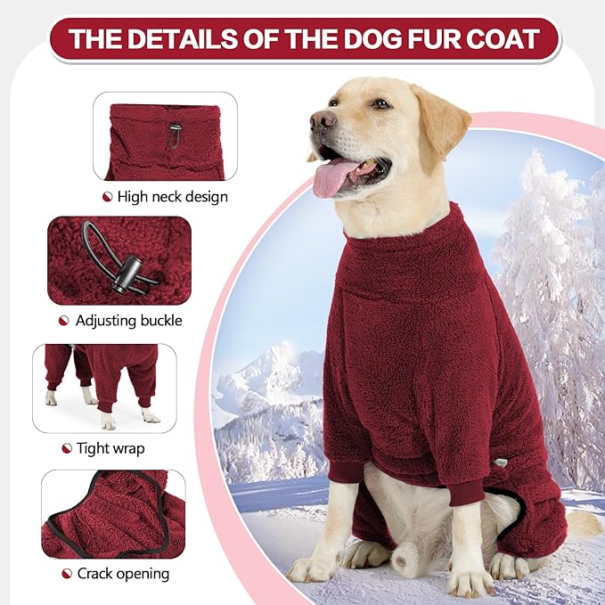 Dog Winter Coat, Warm Fleece Jacket, Windproof Pullover Jumpsuit, Full Body Dog Pajamas Onesie, Cold Weather Clothes for Medium Large Dog(Large,Red)