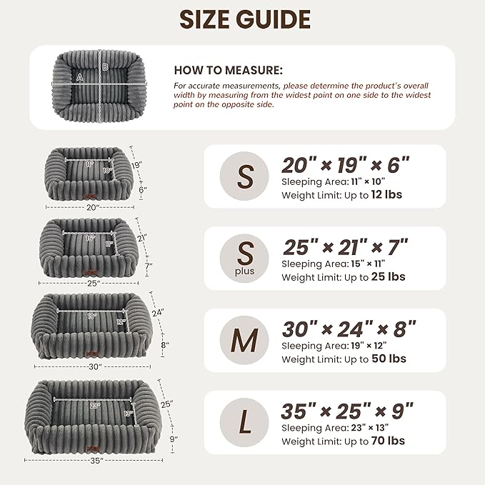 Washable Dog Bed for Small Medium Dogs - Rectangle Orthopedic Corduroy Fleece Pet Bed with Removable Cover and Nonskid Bottom, Calming Puppy Bed Soft Pet Sofa, Grey(25x21x7inchs)