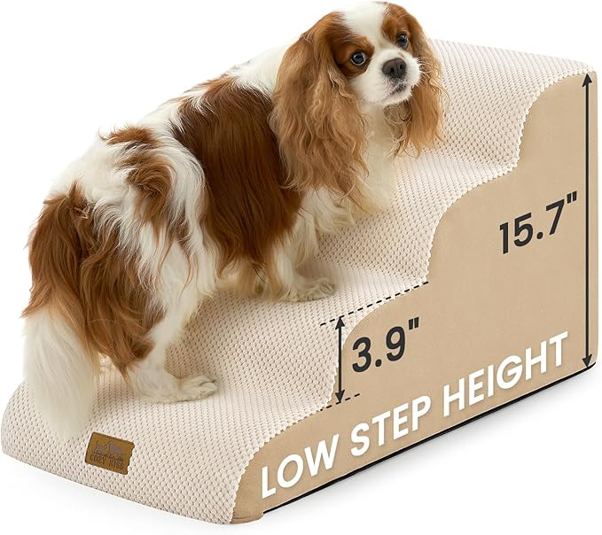 Dog Stairs for Small Dogs 15.7" H, 4-Step Slope Dog Steps for Bed, Couch or Chair, Sturdy Pet Ramp for Puppy, Older Cat, Pet Ladder with High Density Foam, 15.7x28.3x15.7 inch, Beige
