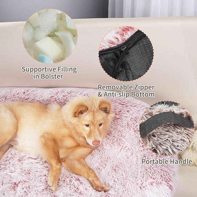 KHONSU PET Dog Bed for Couch Dog Mat for Sofa with Calming Plush& Bolster, Removable &Washable& Non-Slip Pet Bed for Furniture Protector Fits up to 20 lbs Dogs-Pink