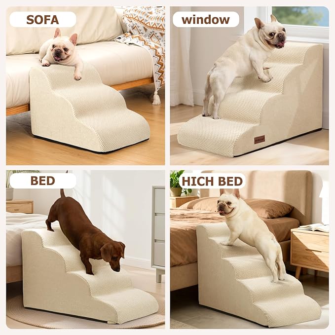 Dog Stairs for Bed 22.4”H,5-Step Dog Ramp for Small Dogs & Cats,Pet Steps for Dogs to get on High Bed, Indoor Anti-Slip Pet Stairs for Old Cats and Puppy,Beige