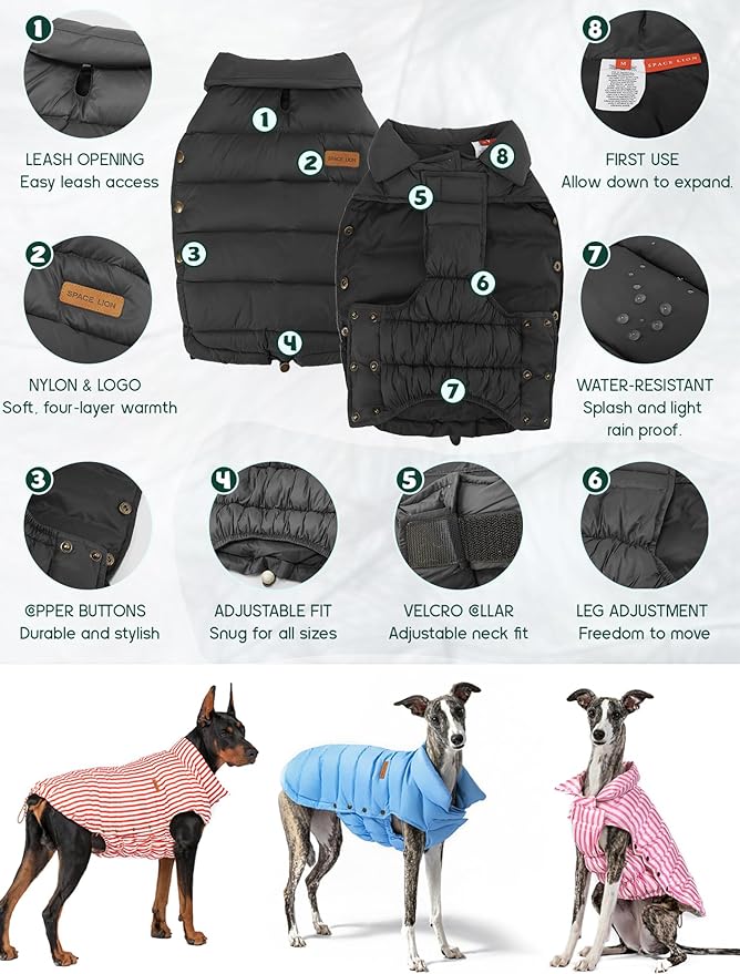 SPACE LION Dog Puffer Jacket, Down Winter Coat, Durable Outdoor Coat for Cold and Windy Conditions, Lightweight & Adjustable Fit Coats for Medium Dogs, (Black, Size14/L)