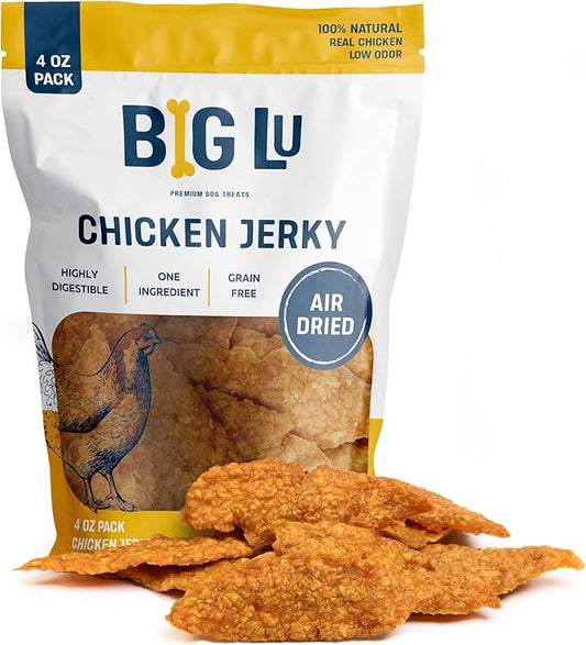 Big Lu - Chicken Jerky Dog Treats – 4oz, Premium Air-Dried USA Chicken Breast for Dogs, High Protein, Single-Ingredient Training Treats, Grain-Free & Easily Digestible Snack for All Breeds