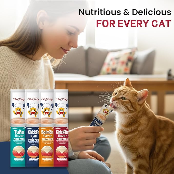 Chef Kitty Purée Pops, Cat Treats, Grain-Free, Lickable, Squeezable Creamy Cat Treat/Topper with Vitamin E & Taurine, 0.5 Ounces Each Tube, 20 Tubes, Chicken and Seafood Mix Variety