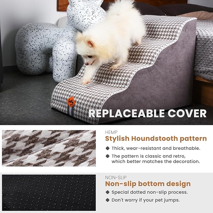 Laifug Curved Dog Stairs for Small Dogs, 4-Step Pet Stairs for High Beds and Couch, Non-Slip Balanced Dog Indoor Step with High Density Foam, Houndstooth Double Layer Dog Staircase