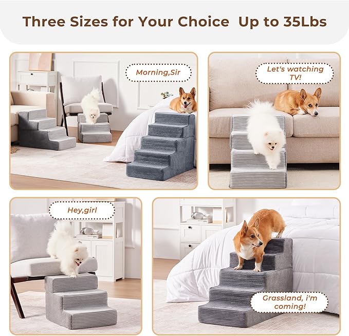 HYLEORY Dog Stairs for Bed 18''H, 4-Step Pet Stairs for Small Dogs & Cats, Sturdy Pet Steps with Non-Slip Bottom, Functional Portable Dog Ramp for Couch/Chair/Sofa/Car, with Storage Pocket, Grey
