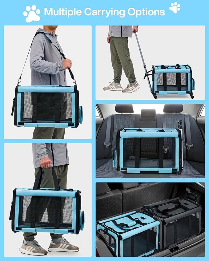 MILADA Extra Large Cat Carrier with Wheels for Big Cats & Small Dogs Soft Sided Rolling Pet Carrier Detachable XL Cat Stroller for Travel, Hiking, Vet & Hospital Use, Blue