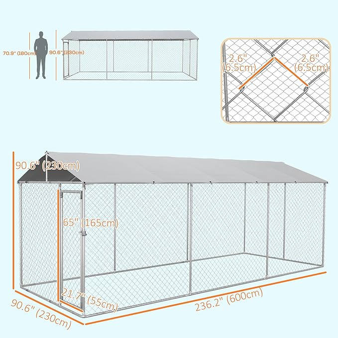 PawHut Outdoor Dog Kennel, Heavy Duty Dog Run Outdoor Fence with Waterproof Cover, Galvanized Chain Link, Secure Lock, for All Sized Breeds, Chickens, Ducks, 20' x 7.5' x 7.5'