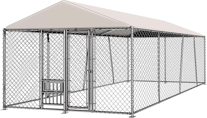 Lyromix 10 x 15FT Large Outdoor Dog Kennel with Bowls, Dog Kennel Outside with Waterproof Cover Roof, Galvanized Heavy Duty Chain Link Dog Runs Cage Playpen for Outside with Secure Lock