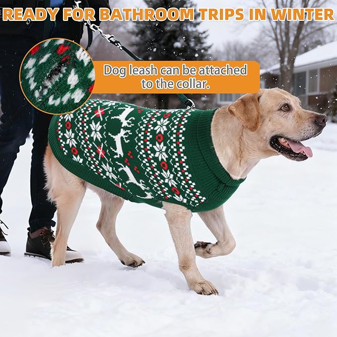 KOOLTAIL Dog Christmas Sweater, Cold Weather Pullover Classic Knitwear, Reindeer Snowflake Pattern Thick Warm Winter Pet Clothes, Cable Knit Sweaters for Small Medium Large Dogs Boy Girl, Green XL