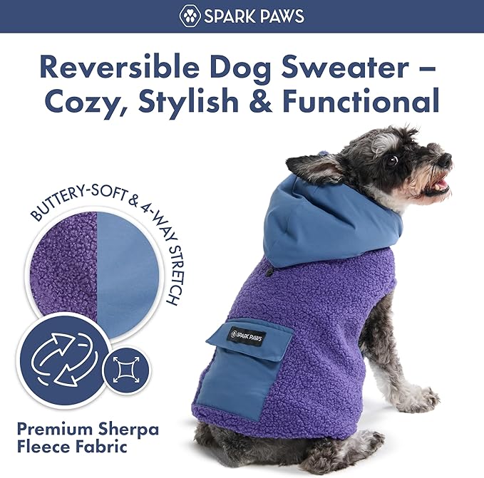 Spark Paws Reversible Fleece Dog Jacket, Hooded Sweater Vest, Warm Coat for Winter - Suitable for Small Medium Large XL XXL Dogs - Purple and Navy Blue - L