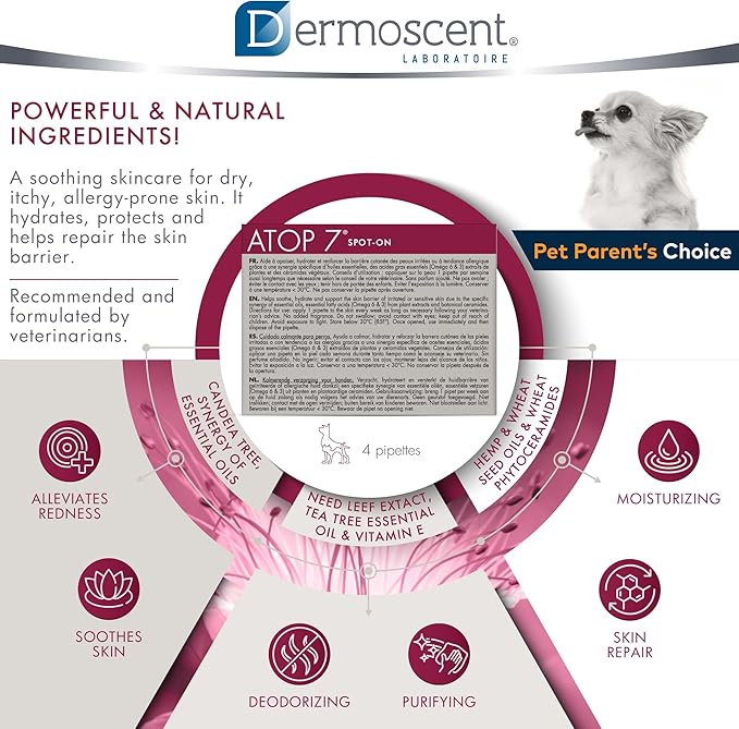 Dermoscent ATOP 7 spot-on - Dogs and Cats Up to 22lbs - Soothing Care for Sensitive, Dry and Itchy Skin or Allergy Prone Skin - Natural Ingredients - 4 pipettes