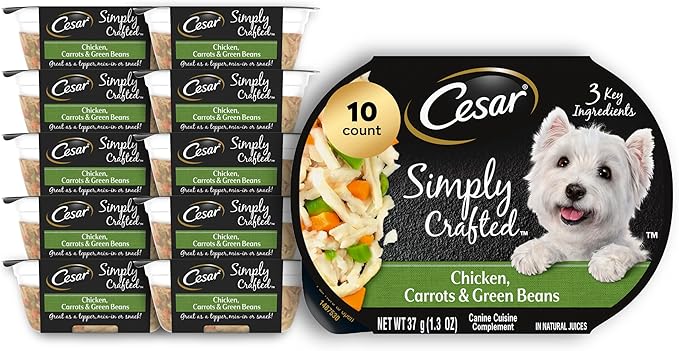Cesar Simply Crafted Adult Wet Dog Food Meal Topper, Chicken, Carrots & Green Beans, 1.3 oz. Tubs, 10 Count (Pack of 1)