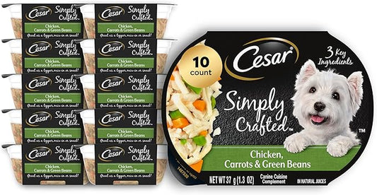 Cesar Simply Crafted Adult Wet Dog Food Meal Topper, Chicken, Carrots & Green Beans, 1.3 oz. Tubs, 10 Count (Pack of 1)