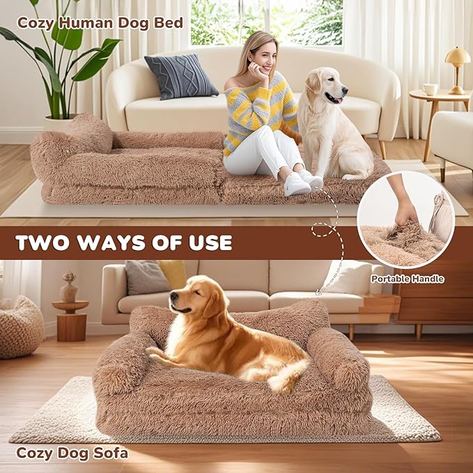 Foldable Human Dog Bed for Adults, Fluffy Human Sized with Blanket, Orthopedic Washable Dog Bed with Memory Foam and Water Repellent Liner Large for Pet (Brown, 72 * 44 * 12 inch)