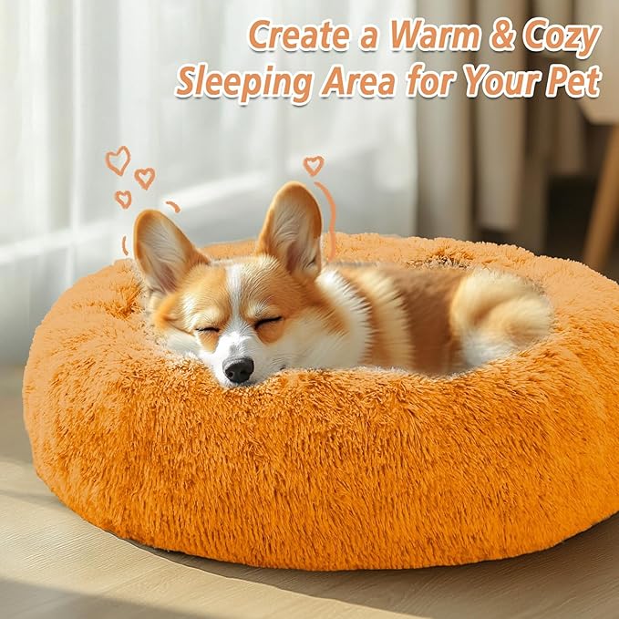JOLLYVOGUE Small Dog & Cat Beds for Indoor Cats, Donut Cuddler Warming Soft Dog Beds with Anti-Slip Bottom, Round Calming Fluffy Plush Faux Fur Cushion Bed for Medium Dogs (31", Orange)