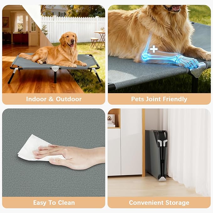 Elevated Outdoor Dog Bed for Large Dogs, Portable Folding Camping Dog Bed, Washable Elevated Pet Beds with No-Slip Feet, Raised Cooling Pet Beds for Indoor & Outdoor Use, Grey, 44 Inches