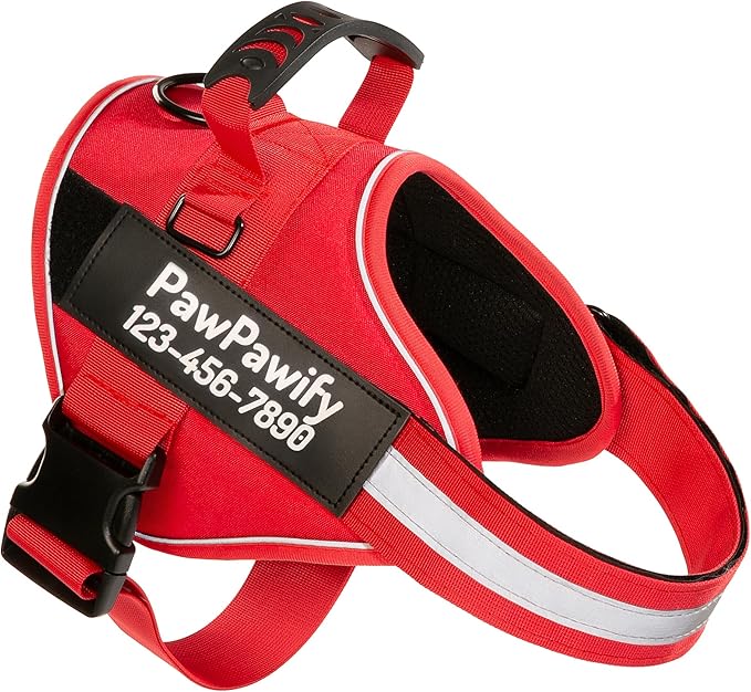 PawPawify Custom No Pull Dog Harness with Name and Phone Number, Heavy Duty Personalized Pet Vest to Prevent Tugging, Pulling, or Choking, Training and Walking (New Red, XL (Chest 28-35in))