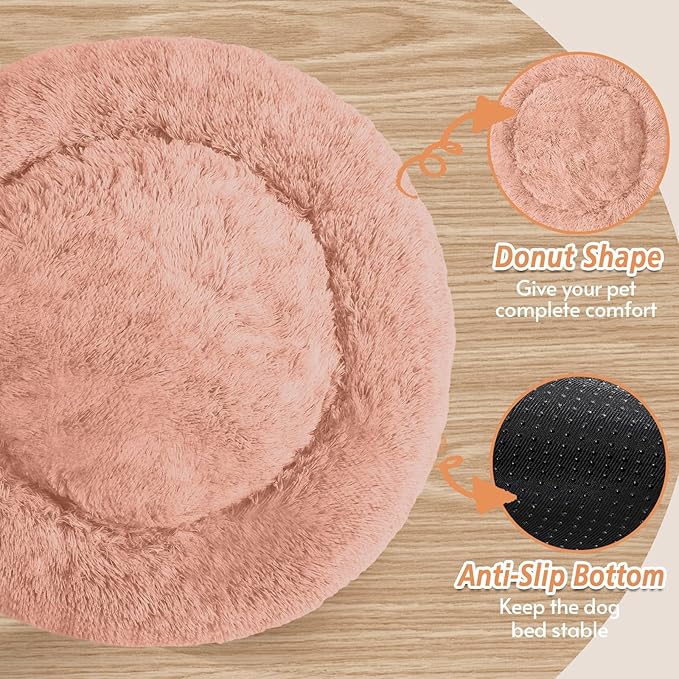 JOLLYVOGUE Small Dog & Cat Beds for Indoor Cats, Donut Cuddler Warming Soft Dog Beds with Anti-Slip Bottom, Round Calming Fluffy Plush Faux Fur Cushion Bed for Large Dogs (36", Peach Pink)