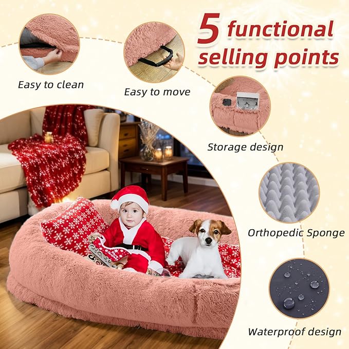 Human & Pets Washable Faux Fur Dog Bed - 71''x45''x12'' Orthopedic, Plump Pillow, Blanket, Strap - Pink