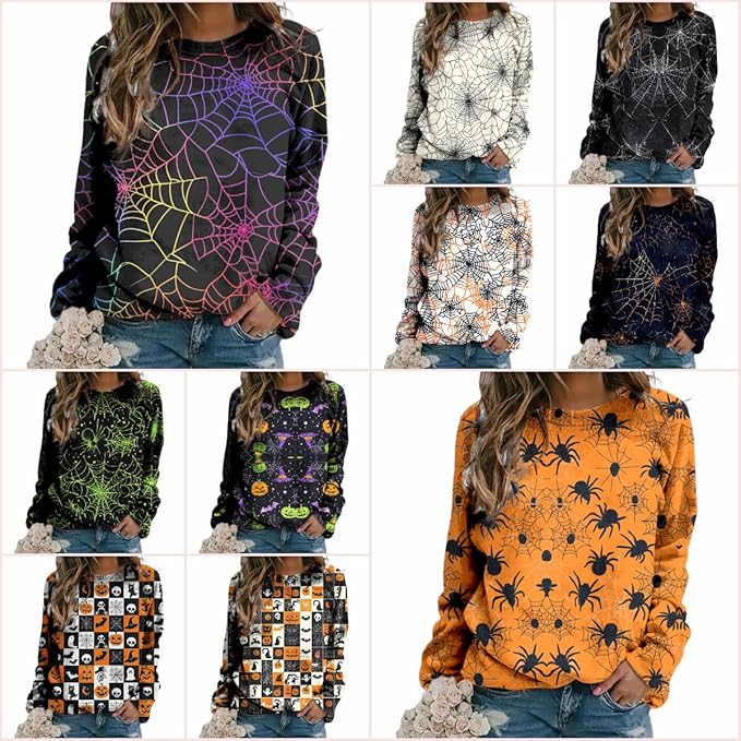 MARSVOVO Fall Sweatshirt for Women Novelty Spider Web Shirt Dressy Casual Crewneck Tunic Tops Spring Graphic Pullover