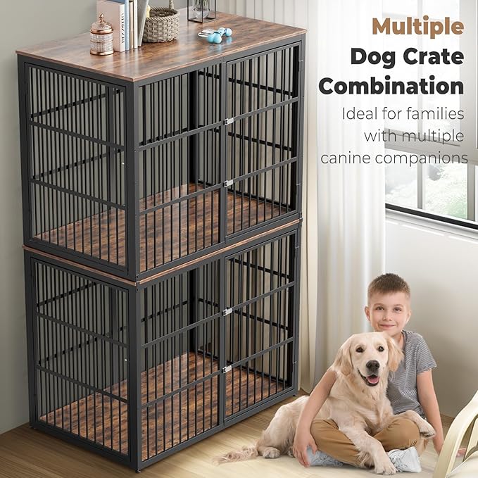 Lyromix 48'' Stackable Dog Crate Furniture Large Breed with Double Rooms,Wooden Dog Crate Heavy Duty Dog Kennel Indoor with Removable Divider for Small to Medium Dogs, Can Use Separately