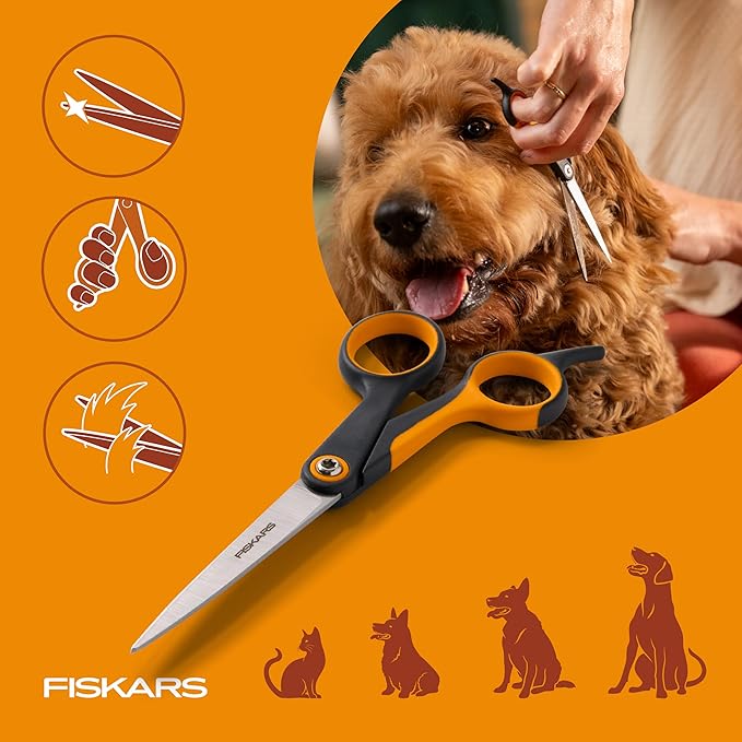 Fiskars Pet Trimming Scissors, Dog & Cat Grooming Scissors, Precision Stainless Steel Blades & SoftGrip™ Handle, 6.75”, Orange/Black
