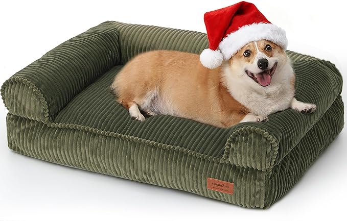 FUKUMARU Cute Dog Bed, Waterproof Corduroy Dogs Couch, 36in Orthopedic Pet Sofa for Medium to Large Dogs Dog, Warm Cotton Pet Bed with Washable Cover, Large, Green