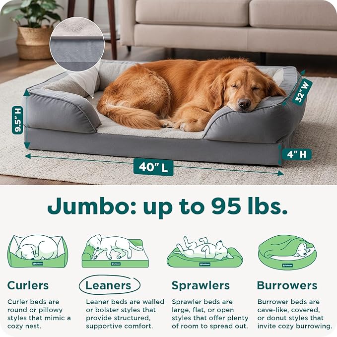 FurHaven Cooling Gel Dog Bed for Large Dogs, Perfect Comfort Sofa Bed with Cool Gel-Top Foam & Solid Orthopedic Foam Base for Joint Support, Washable Cover, Jumbo/XL, Plush & Velvet, Granite Gray