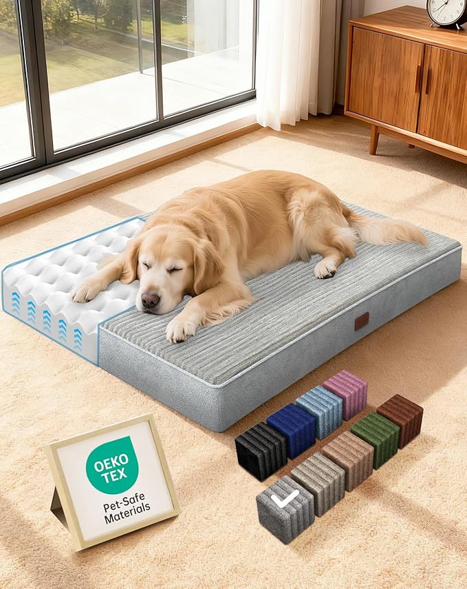OhGeni 41 Inches Orthopedic Waterproof & Machine Washable Dog Bed for Large Pets, Gifts for Christmas, Suitable for Crates, 25D Egg Crate Foam, Non-Slip Bottom & Removable Cover(Gray)