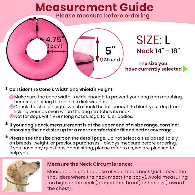 BARKLESS Dog Cone, Inflatable Dog Cone After Surgery, Soft Surgery Collar with Enhanced Anti-Licking Guard Shield for Pets, Patented Protective Donut Collar (Hot Pink, L (Neck: 14"-18"))