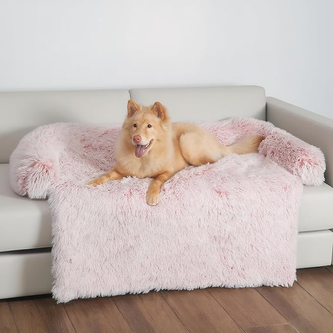 KHONSU PET Dog Bed for Couch Dog Mat for Sofa with Calming Plush& Bolster, Removable &Washable& Non-Slip Pet Bed for Furniture Protector Fits up to 70 lbs Dogs-Pink