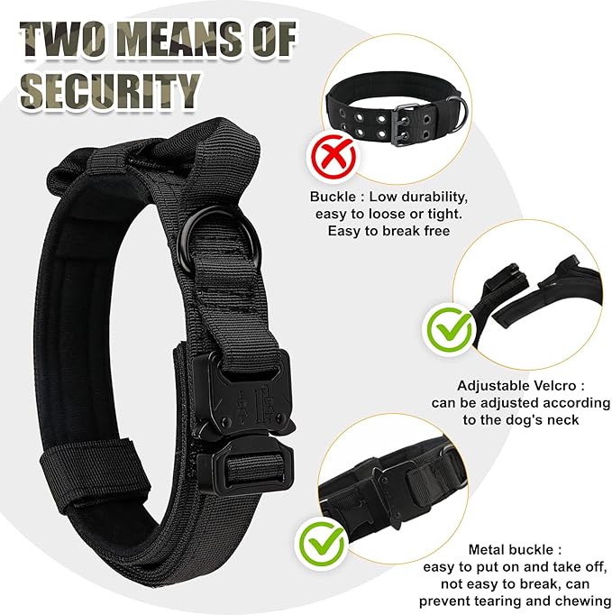 KCUCOP Tactical Dog Collar with Handle,Adjustable Military Dog Collar with Metal Buckle and Patches,Heavy Duty Dog Collars for Large Dogs (Black-XL)