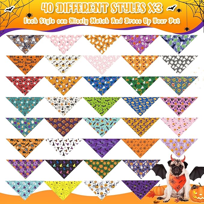 Amylove 120 Pcs Christmas Dog Bandanas Bulk Thanksgiving Day Holiday Triangle Dog Pack Puppy Kerchief Bandana Adjustable Pet Scarf for Pet Cat Costume Accessories Decor(Skeleton)