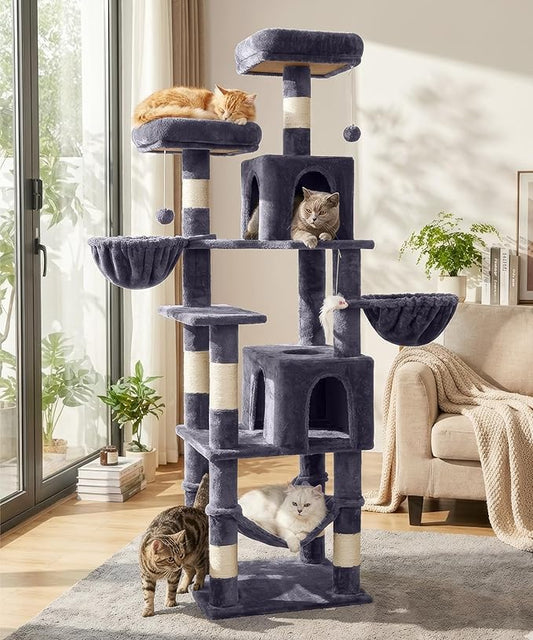 AMHANCIBLE Tall Cat Tree, 70 Inch Cat Tower for Indoor Cats, Multi-Level Cat Tree with Scratching Post, Hammock, Hanging Basket, Large Cat Condos for Adult Cats Kittens, Dark Grey, PT18DG