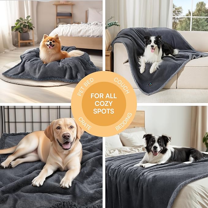 Waterproof Pet Blanket, Liquid Pee Proof Dog Blanket for Sofa Bed Couch, Reversible Sherpa Fleece Furniture Protector Cover for Small Medium Large Dogs Cats, Dark Gray Large（65" x 57"）