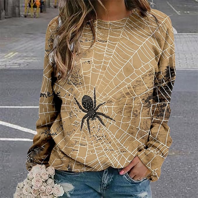 MARSVOVO Fall Sweatshirt for Women Novelty Spider Web Shirt Dressy Casual Crewneck Tunic Tops Spring Graphic Pullover