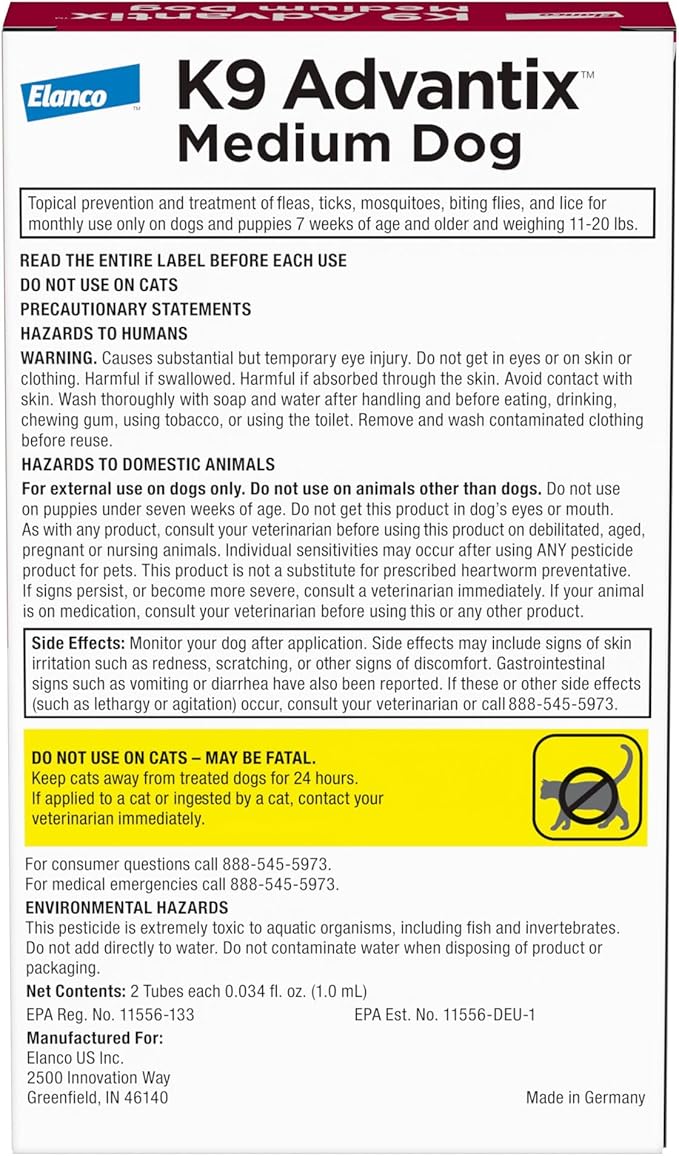 K9 Advantix Flea, Tick & Mosquito Prevention for Dogs 11-20 lbs. | Flea Drops for Medium Dogs | Apply Monthly | 2 Treatments (Pack of 4)