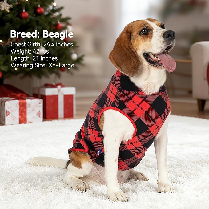 cyeollo 2 Pack Small Dog Christmas Sweater, Soft Stretchy Fleece Vest Reflective Pullover Sweatshirt Dog Jacket Pet Clothes in Cold Weather Sweaters for Small Dogs, Red & Buffalo Plaid M