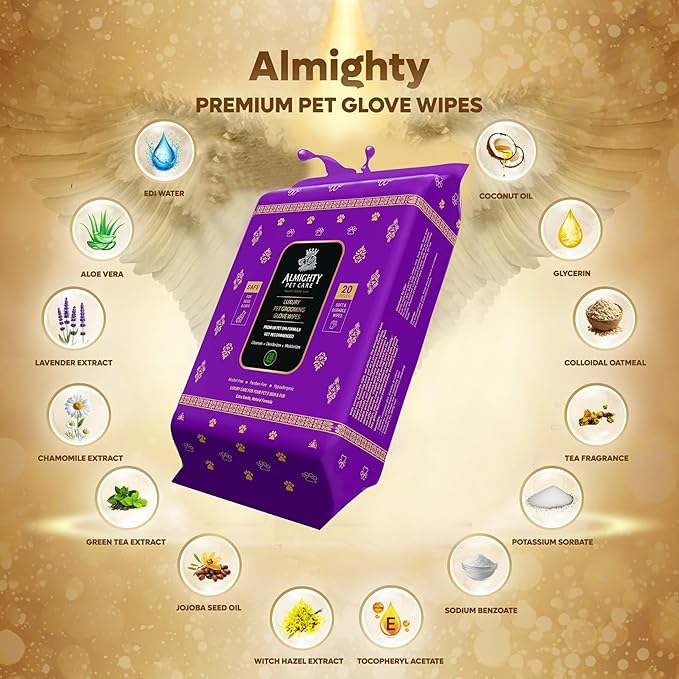 Almighty – Premium Pet Grooming Glove Wipes for Dogs & Cats | 20 Count | Instant Bath Cleaning Glove | Ultra-Thick, Hydrating & Nourishing | Deodorizing, Hypoallergenic, No-Rinse – Coconut Scent