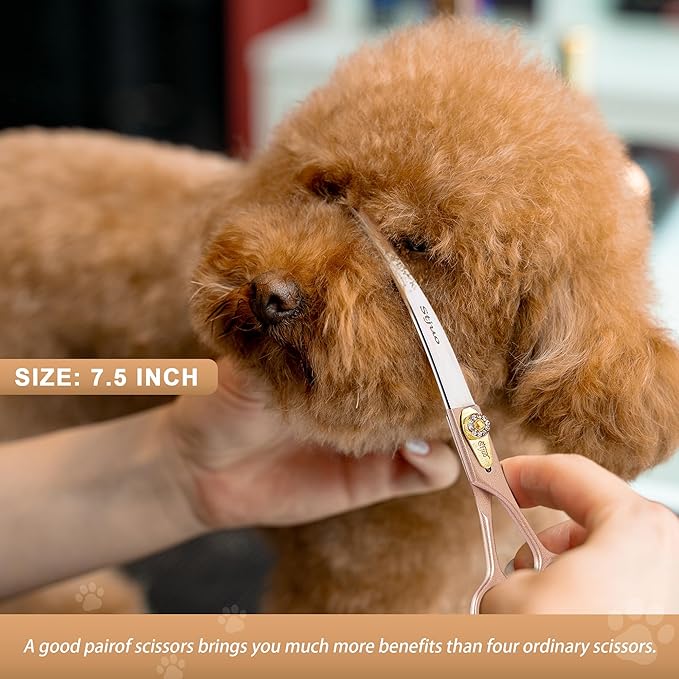 Professional Dog Grooming Scissors Rose Gold 440C Stainless Steel Straight Thinning Curved Chunker Shears for Pet Grooming Services Dogs and Cats (Curved, 7.5‘’)