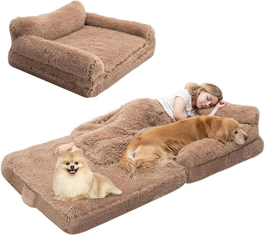 Foldable Human Dog Bed for Adults, Fluffy Human Sized with Blanket, Orthopedic Washable Dog Bed with Memory Foam and Water Repellent Liner Large for Pet (Brown, Family Size (79*44*12 inch))