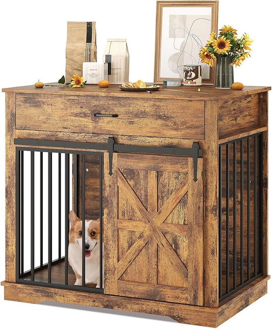 37.8" Dog Crate Furniture for Small Medium Dogs, 2-in-1 Iron-Wood Fusion Dog Cage Indoor As Side End Table, Farmhouse Dogs Kennel with Sliding Barn Doors & Drawer, Brown